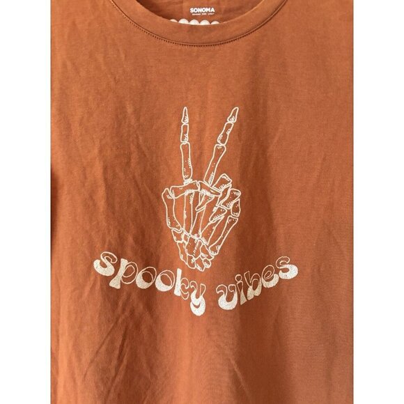 NWT Sonoma Womens Size Small Brown T-Shirt Spooky Vibes Skeleton Hand Peace Sign - Picture 2 of 4